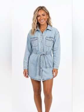 Kittenish Light Wash Denim Shirt Mini Dress XS